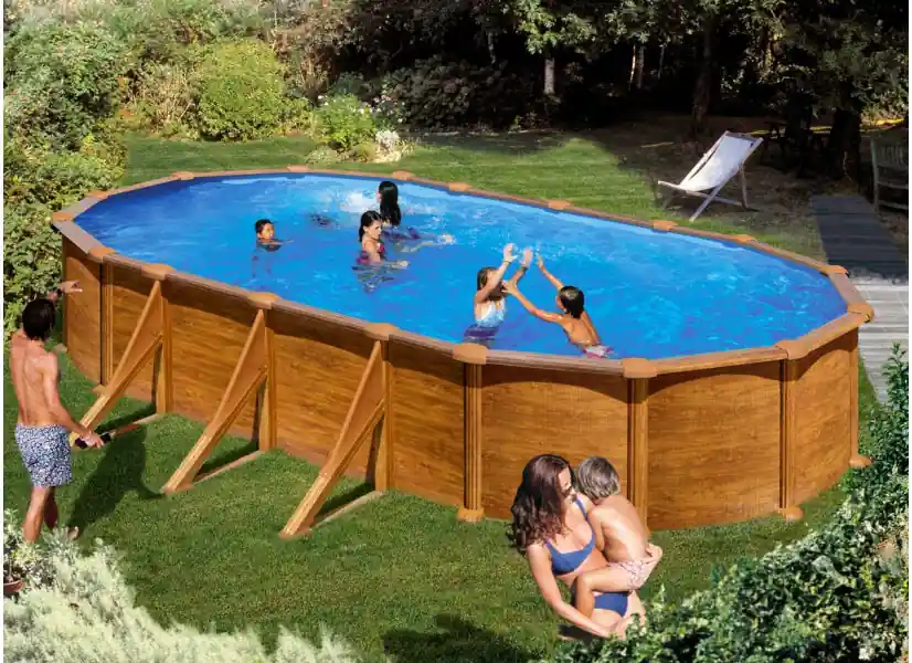 Piscine acier aspect bois Mauritius ovale 7,44 x 3,99 x 1,32 m - Gré