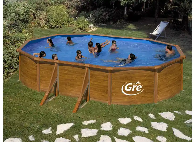 Piscine acier aspect bois Pacific ovale 6,34 x 3,99 x 1,22 m - Gré