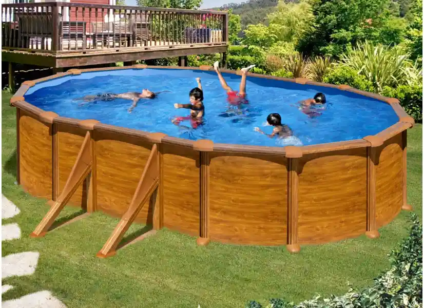 Piscine acier aspect bois Mauritius ovale 6,34 x 3,99 x 1,32 m - Gré