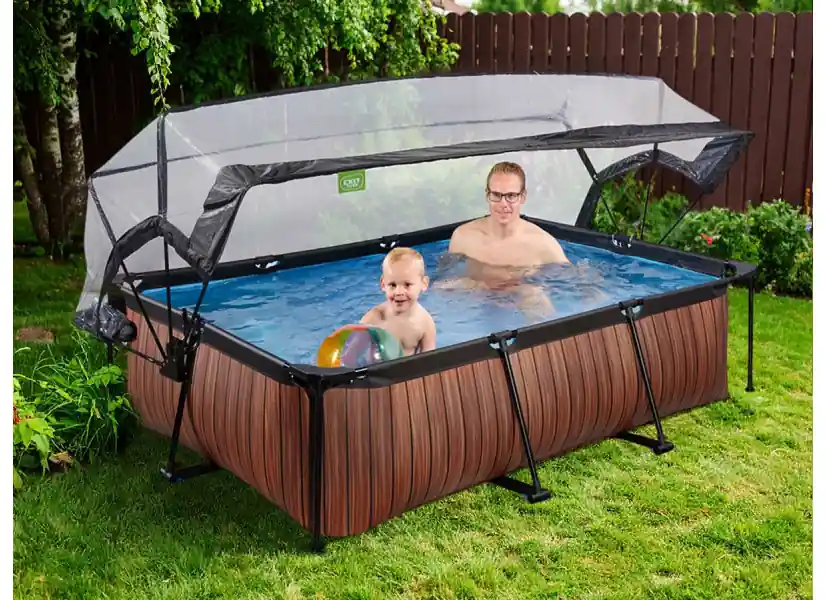 Piscine tubulaire Wood rectangulaire 2,20 x 1,50 x 0,65 m avec dôme - Exit Toys