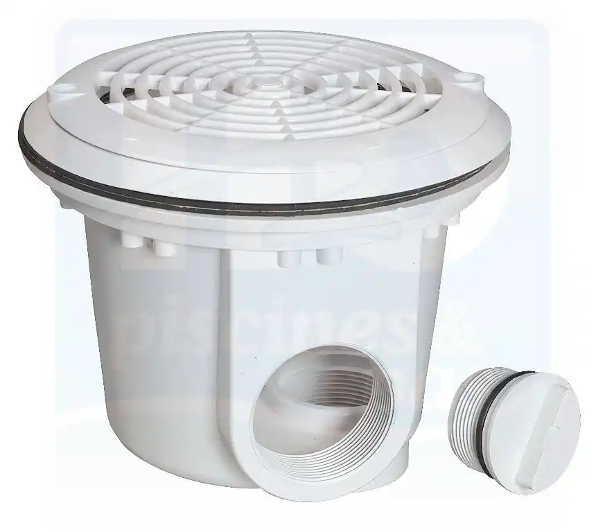 Bonde de fond BL-211-L - AQUAREVA - 2 sorties (2’’ et 1’’ 1/2) avec bouchon et joint pour piscines Liner - Blanche