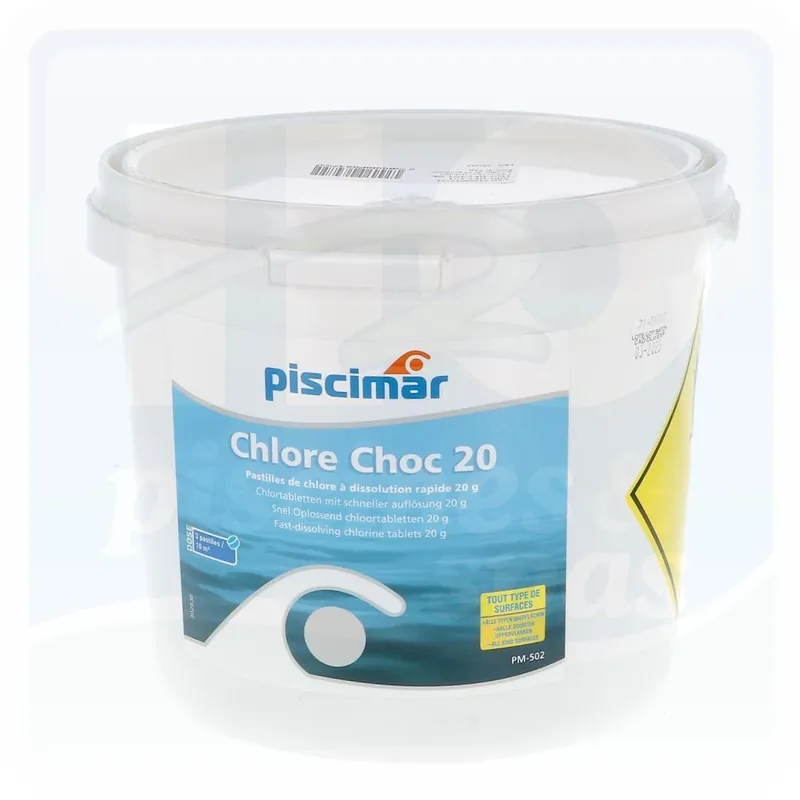 Chlore choc stabilisé PISCIMAR® en pastilles de 20 grammes - Seau de 5 kg