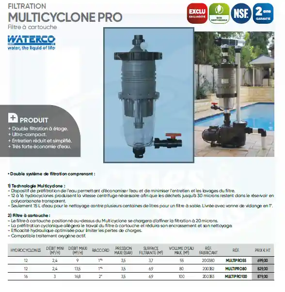 Filtre à cartouche pour piscine WATERCO® Multicyclone 16.8 m³/h - 2"