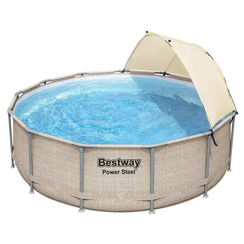Piscine tubulaire 3,96 x 1,07m Aspect Rotin Beige avec Canopy Ronde Bestway Power Steel