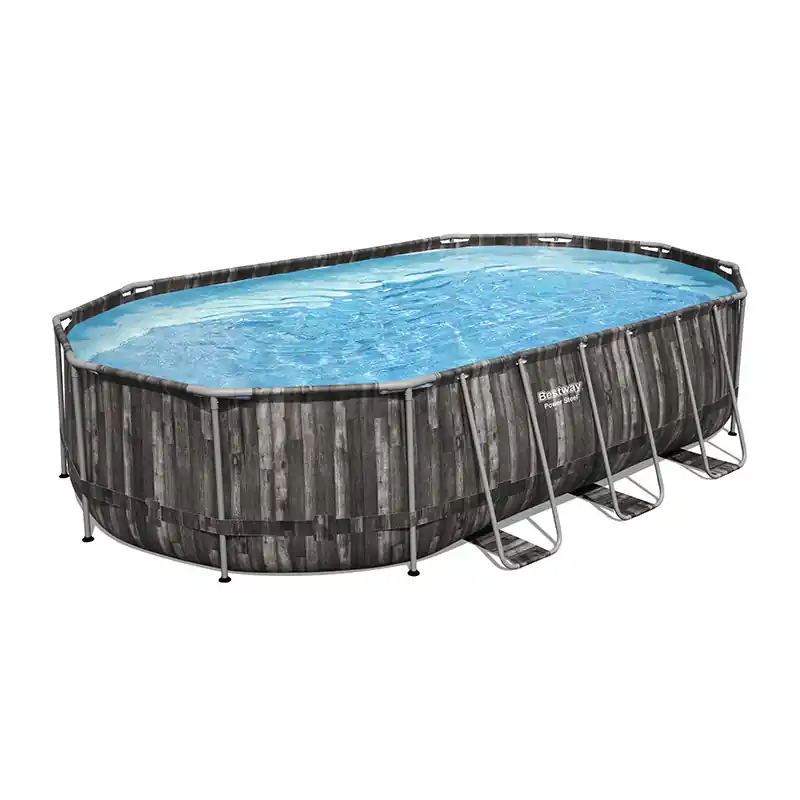 Piscine tubulaire ovale Bestway Power Steel 6,10 x 3,66 x 1,22m aspect bois rustique + élémt sécu 19268