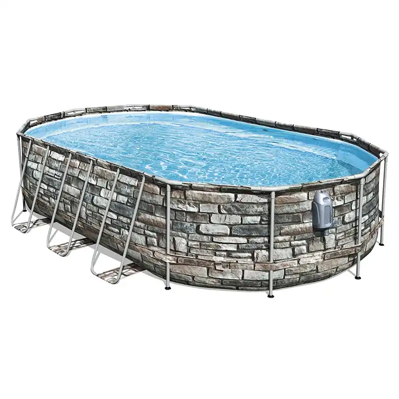 Piscine tubulaire Ovale Bestway Power Steel avec borne de massage 6,10 x 3,66 x 1,22m aspect pierres + élémt sécu 19268