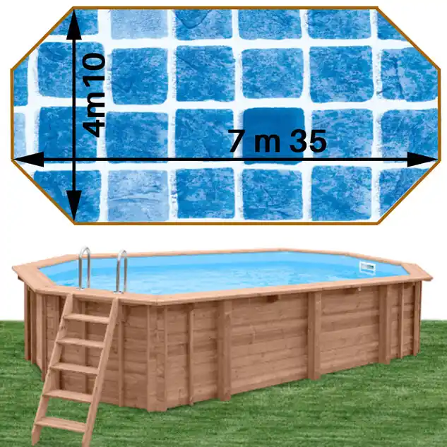 Piscine bois Woodfirst Original octo allongée 755 x 456 x 146 cm liner persia bleu