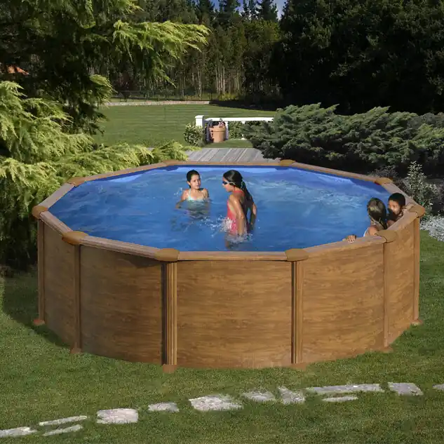 Kit piscine hors-sol Mauritius acier aspect bois ronde - Ø460 x H132 cm