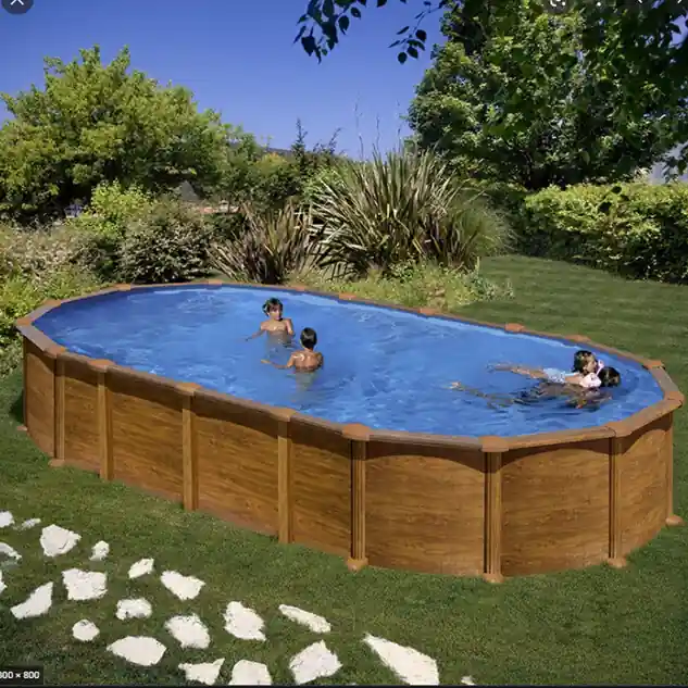 Kit piscine hors-sol Amazonia acier aspect bois ovale - 730 x 375 x H.132 cm