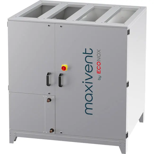 Centrale de traitement d‘air Maxivent WTW avec roue à chaleur, débit de 1 460 m³/h, avec batterie à eau chaude, montage vertical à gauche - RHE 1050 V WOJL