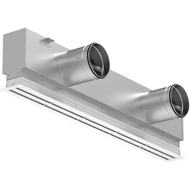 Grille linéaire en aluminium avec 1 grille de diffusion réglable – 2000 mm – RAL 9016 + plénum isolé avec registre de régulation du débit d‘air