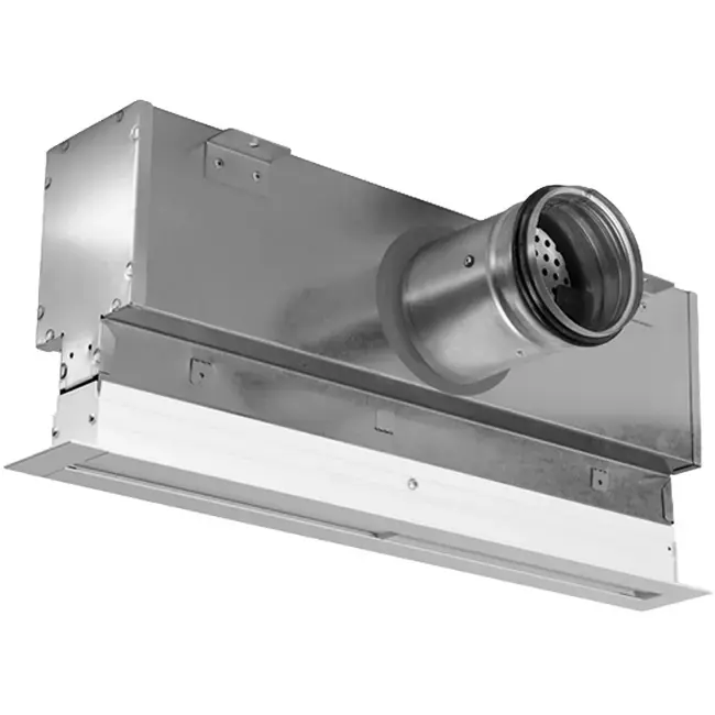 Grille linéaire en aluminium avec 2 déflecteurs réglables – 500 mm – RAL 9016 + plénum isolé avec registre de régulation du débit d‘air