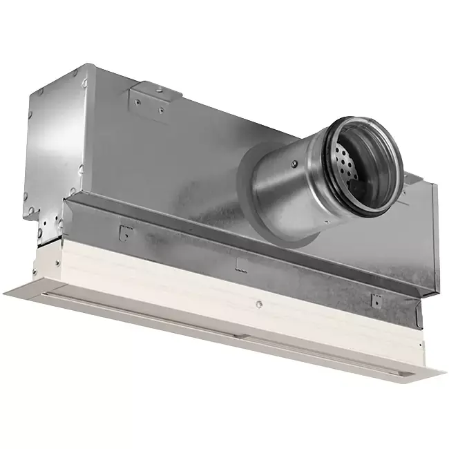 Grille linéaire en aluminium avec 1 grille de diffusion réglable – 1 000 mm – RAL 9010 + plénum isolé avec registre de régulation du débit d‘air