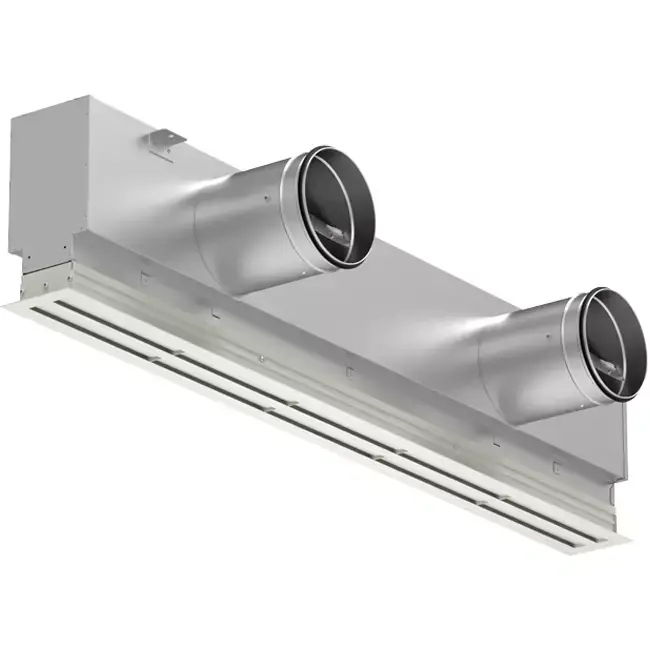 Grille linéaire en aluminium avec 1 grille de diffusion réglable – 2000 mm – RAL 9010 + plénum isolé avec registre de régulation du débit d‘air