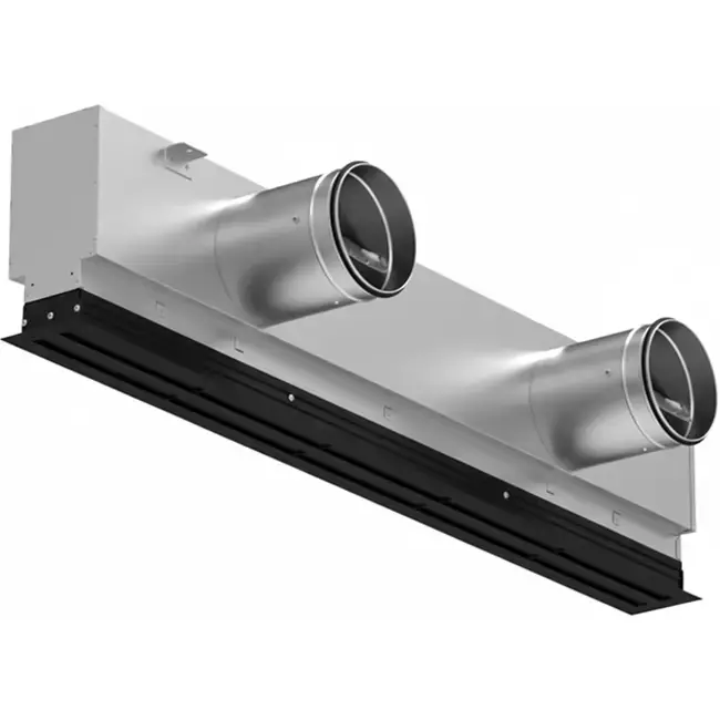 Grille linéaire en aluminium avec 3 déflecteurs réglables – 1 500 mm – RAL 9005 + plénum isolé avec registre de régulation du débit d‘air