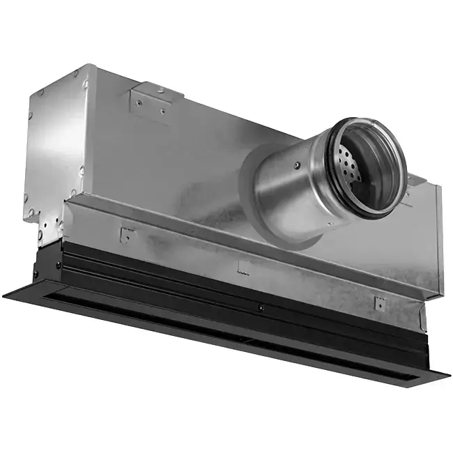 Grille linéaire en aluminium avec 4 déflecteurs réglables – 1 000 mm – RAL 9005 + plénum isolé avec registre de régulation du débit d‘air